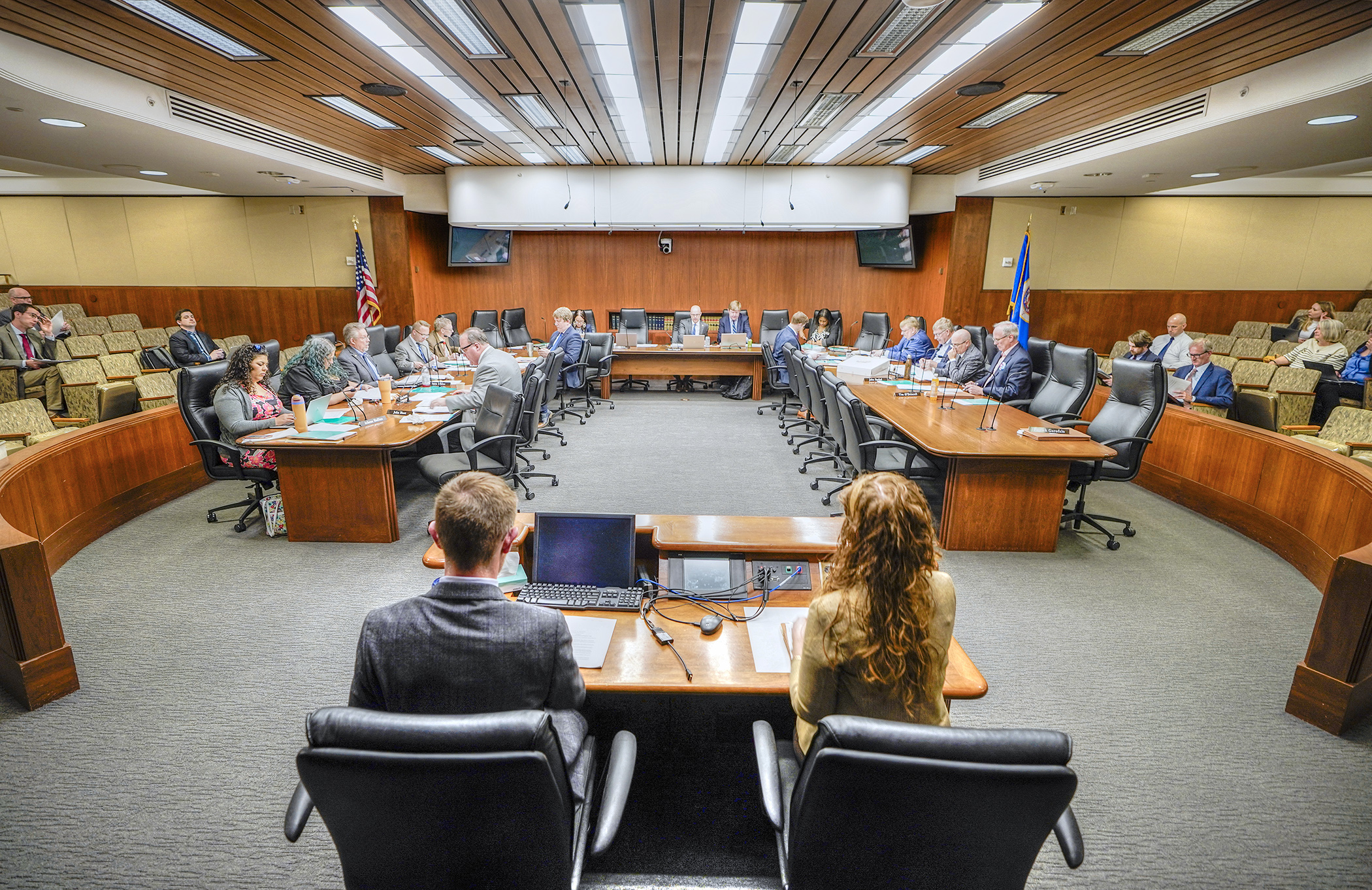 Staff from the nonpartisan House Research Department present the division report to the House Property Tax Division April 15. (Photo by Andrew VonBank)